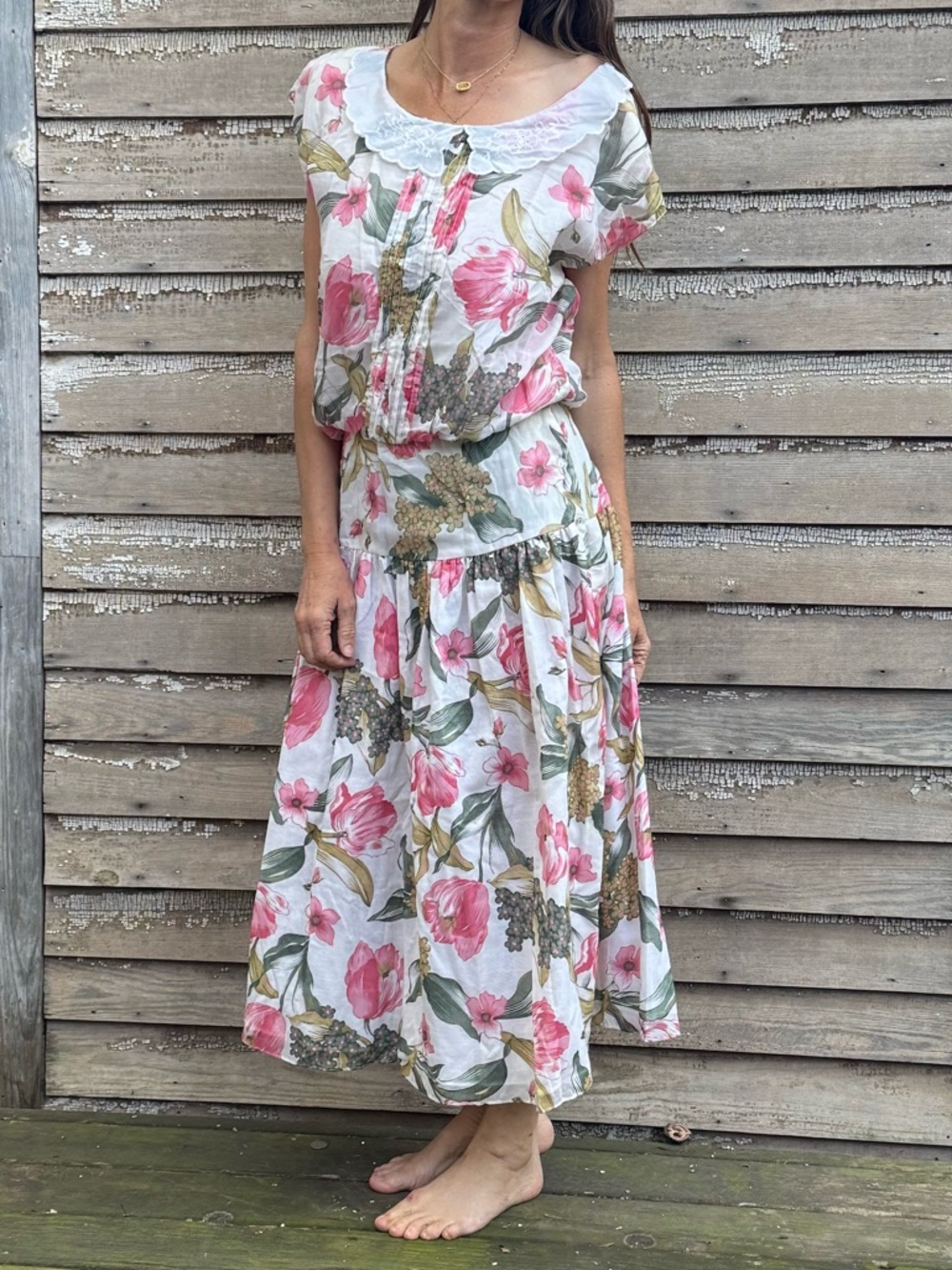 VTG Drop Waist Floral Print Maxi -  Modest Spring Dress - High Neck Lace Collar